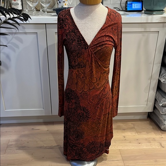 Desigual Dresses & Skirts - VGUC Desigual red faux wrap dress with black floral embroidery.